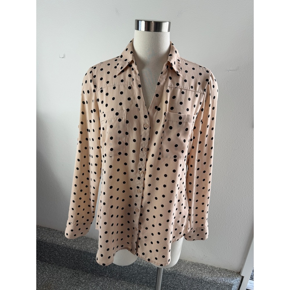 Express Portofino Shirt Womens Medium Tan Black Polka Dot Button Up Blouse
